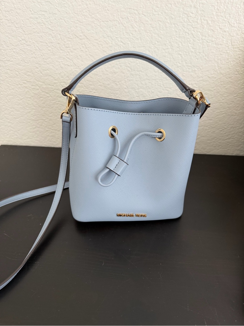 Michael Kors Powder Blue Saffiano Leather Drawstring Crossbody
